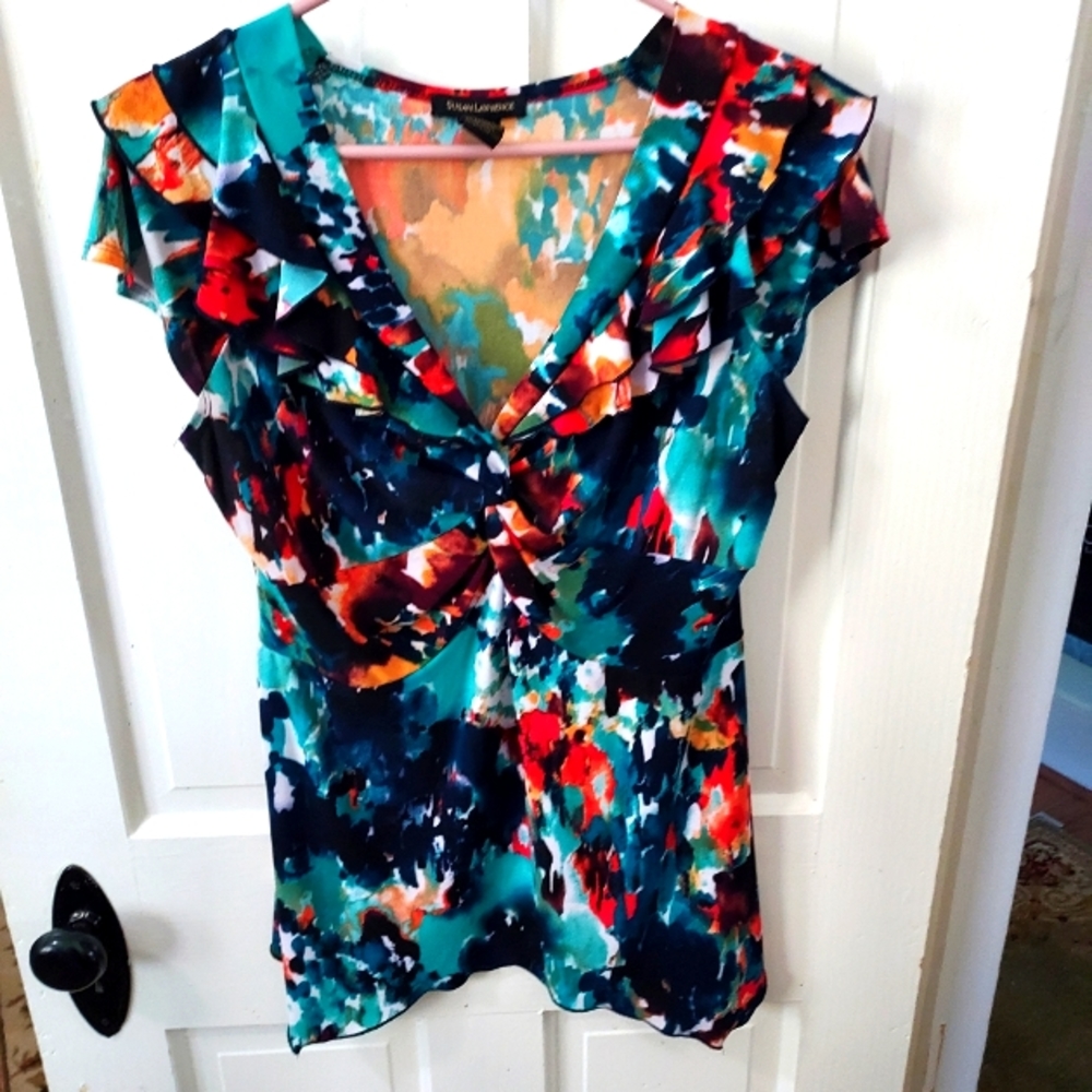 Susan Lawrence xl ruffle sleeve v-neck watercolor bodycon stretch blouse